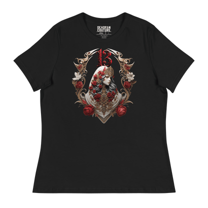 Black relaxed-fit t-shirt featuring an intricate graphic of a gothic empress adorned with regal headgear and roses, crowned with the number "13" in bold red gothic font, showcasing Deadpan Couture's edgy streetwear style.