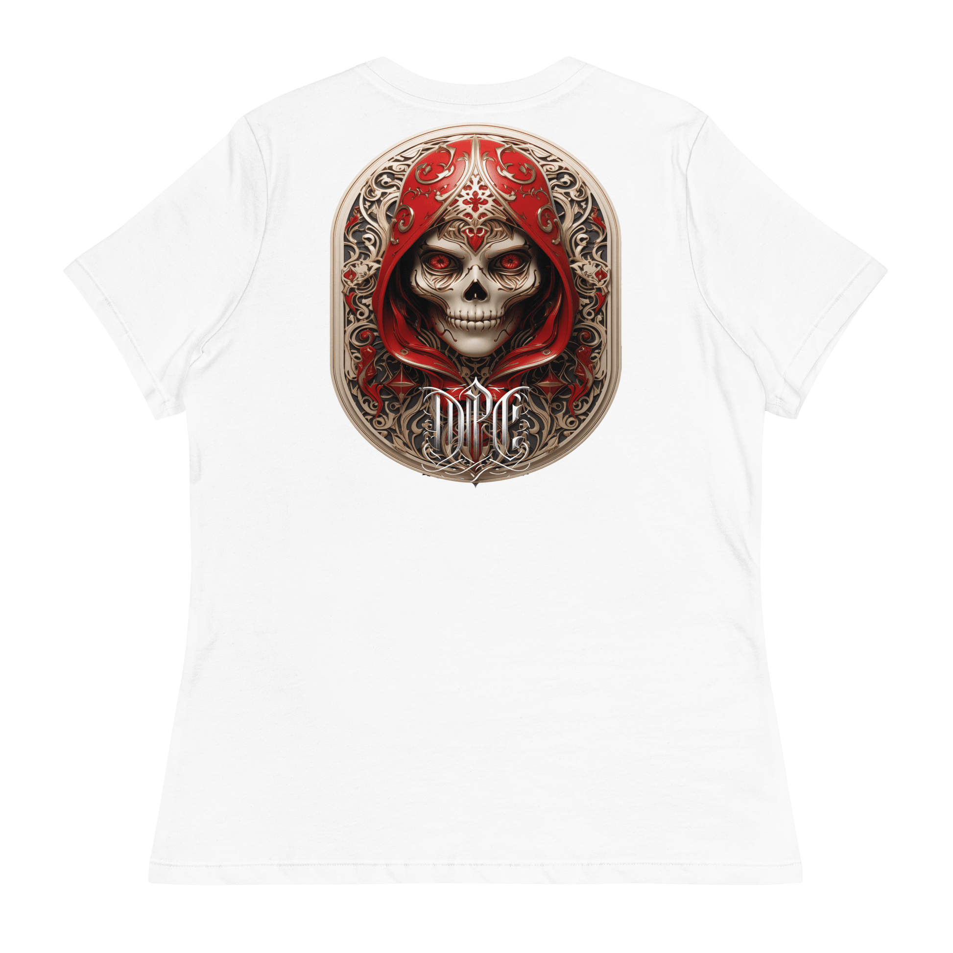 White relaxed-fit t-shirt featuring an intricate graphic of a menacing skull adorned with ornate designs and shrouded in a regal red hood, showcasing Deadpan Couture's edgy streetwear style.