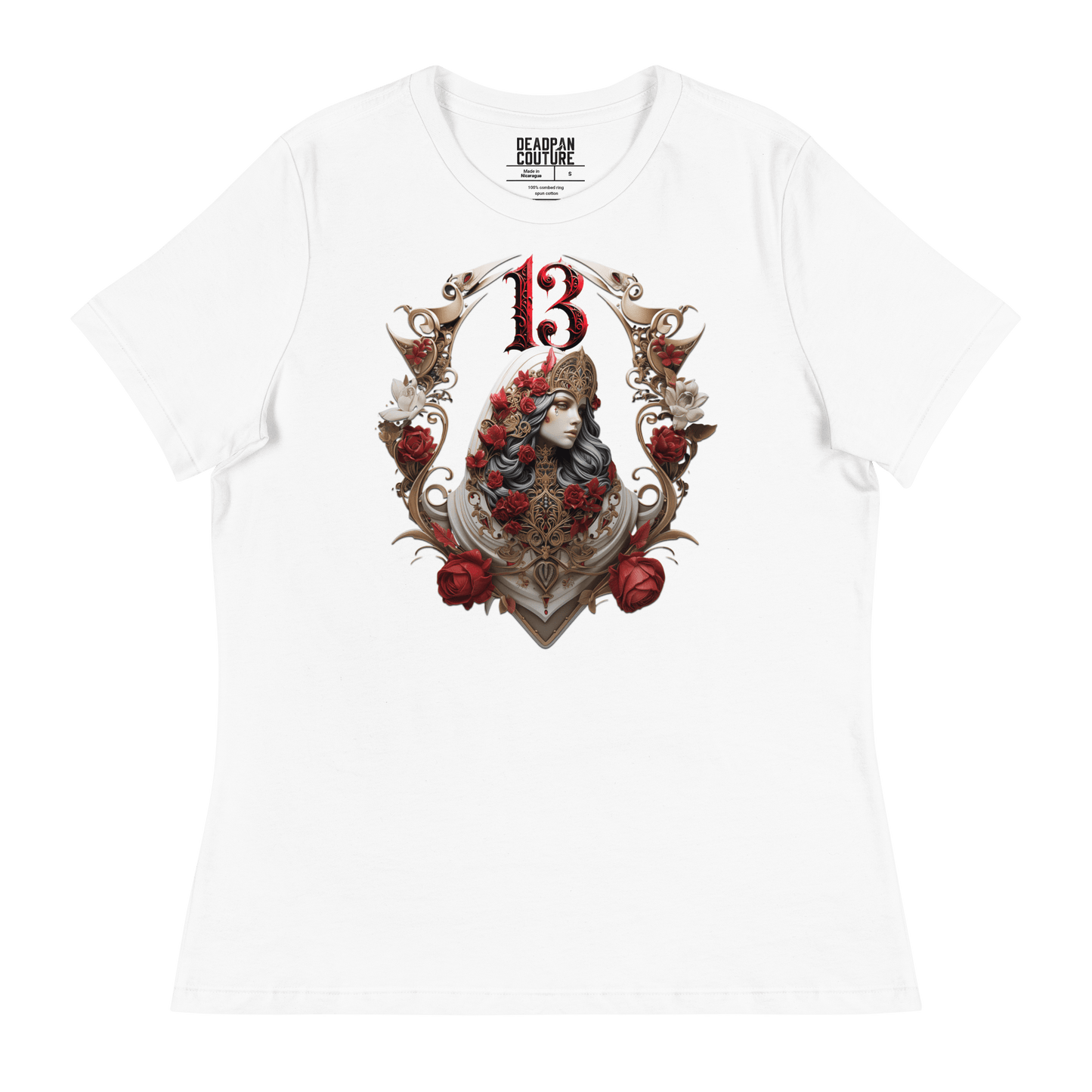 White relaxed-fit t-shirt featuring an intricate graphic of a gothic empress adorned with regal headgear and roses, crowned with the number "13" in bold red gothic font, showcasing Deadpan Couture's edgy streetwear style.