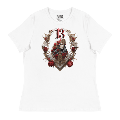 White relaxed-fit t-shirt featuring an intricate graphic of a gothic empress adorned with regal headgear and roses, crowned with the number "13" in bold red gothic font, showcasing Deadpan Couture's edgy streetwear style.